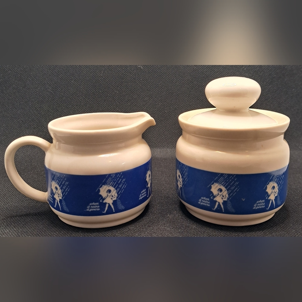 Morton Salt Vintage Cream and Sugar Set Collectible Umbrella Girl White Blue